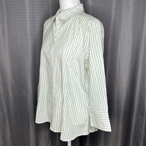 EDDIE BAUER STRETCH WRINKLE RESISTANT XL GREEN YELLOW STRIPED BUTTON FRONT SHIRT - Picture 4 of 8